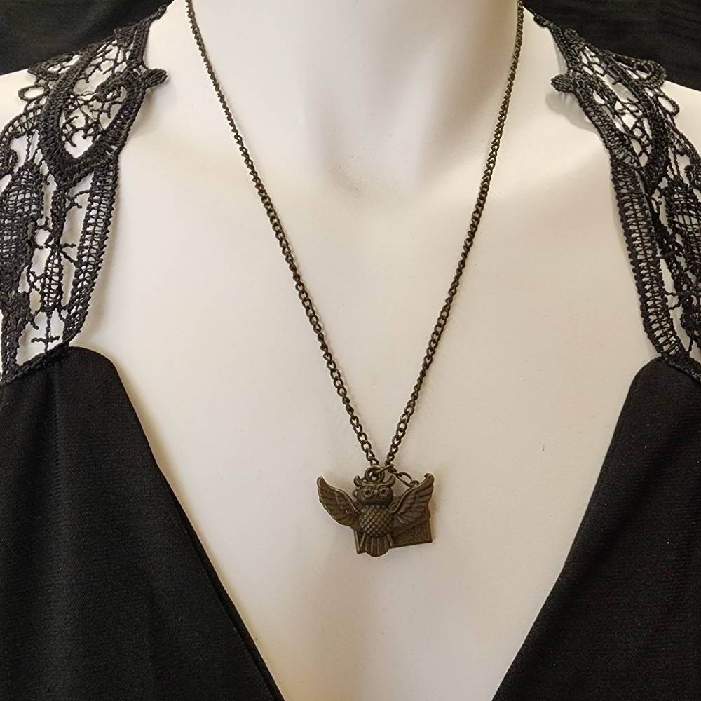 Vintage Bronze Toned Owl Pendant With Envelope Necklace
